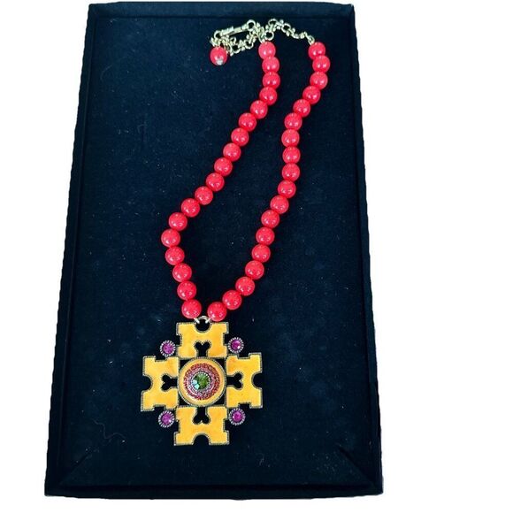Heidi Daus Maltese Cross Necklace Orange Yellow Red Beaded Enameled Box Warranty - Picture 2 of 6